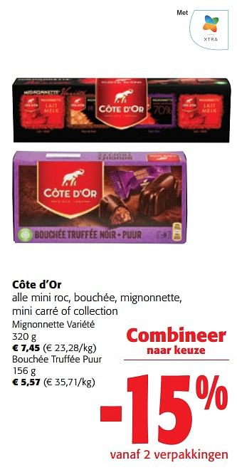 Promoties Côte d`or alle mini roc, bouchée, mignonnette, mini carré of collection - Cote D'Or - Geldig van 13/12/2023 tot 31/12/2023 bij Colruyt