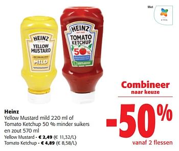 Promoties Heinz yellow mustard mild of tomato ketchup 50 % minder suikers en zout - Heinz - Geldig van 13/12/2023 tot 31/12/2023 bij Colruyt