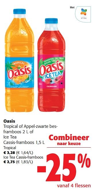 Promoties Oasis tropical of appel-zwarte besframboos of ice tea cassis-framboos - Oasis - Geldig van 13/12/2023 tot 31/12/2023 bij Colruyt