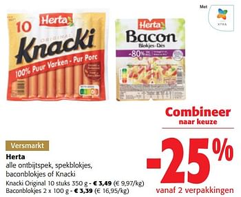 Promoties Herta alle ontbijtspek, spekblokjes, baconblokjes of knacki - Herta - Geldig van 13/12/2023 tot 31/12/2023 bij Colruyt