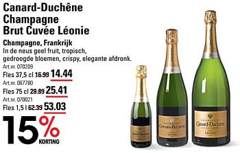 Promoties Canard-duchêne champagne brut cuvée léonie champagne, frankrijk - Champagne - Geldig van 07/12/2023 tot 31/12/2023 bij Sligro