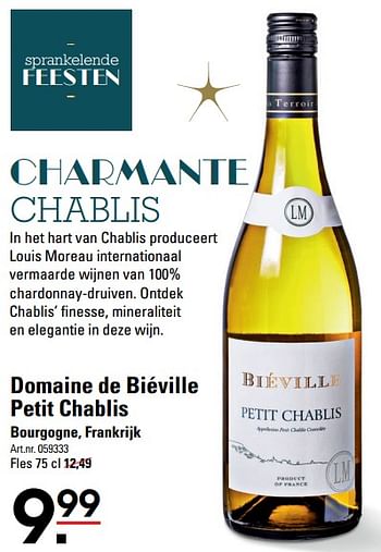 Promoties Domaine de biéville petit chablis bourgogne, frankrijk - Witte wijnen - Geldig van 07/12/2023 tot 31/12/2023 bij Sligro