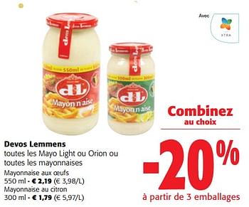 Promotions Devos lemmens toutes les mayo light ou orion ou toutes les mayonnaises - Devos Lemmens - Valide de 13/12/2023 à 31/12/2023 chez Colruyt