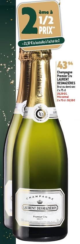 Promotions Champagne premier cru laurent desmazières brut ou demi-sec - Champagne - Valide de 22/11/2023 à 02/01/2024 chez Match