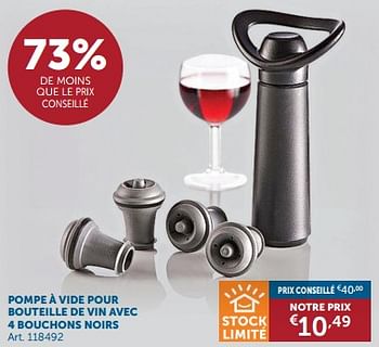 Promotions Pompe à vide pour bouteille de vin avec 4 bouchons noirs - Produit maison - Zelfbouwmarkt - Valide de 19/12/2023 à 22/01/2024 chez Zelfbouwmarkt