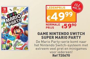 Promoties Game nintendo switch super mario party - Nintendo - Geldig van 20/12/2023 tot 24/12/2023 bij Trafic