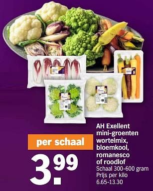 Promoties Ah exellent mini-groenten wortelmix, bloemkool, romanesco of roodlof - Huismerk - Albert Heijn - Geldig van 18/12/2023 tot 26/12/2023 bij Albert Heijn