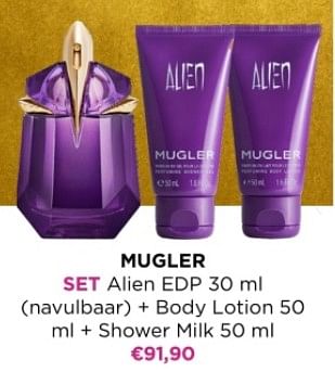 Promoties Mugler set alien edp navulbaar + body lotion + shower milk - Mugler - Geldig van 01/12/2023 tot 31/12/2023 bij ICI PARIS XL