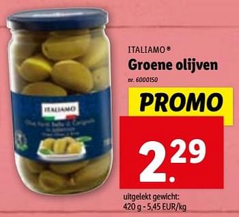 Promoties Groene olijven - Italiamo - Geldig van 27/12/2023 tot 02/01/2024 bij Lidl