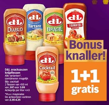 Promotions D+l snacksauzen knijpflessen cocktail - Devos Lemmens - Valide de 18/12/2023 à 26/12/2023 chez Albert Heijn