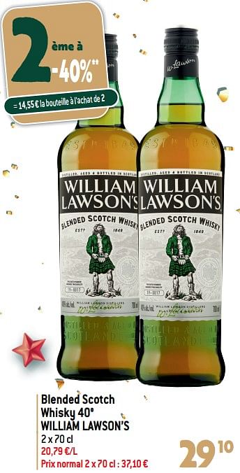 Promotions Blended scotch whisky 40° william lawson’s - William Lawson's - Valide de 20/12/2023 à 02/01/2024 chez Smatch