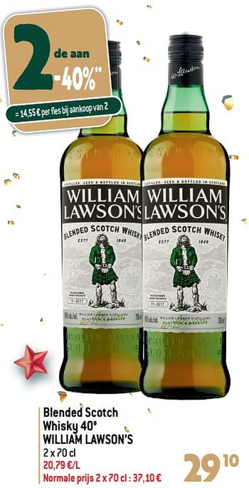 Promoties Blended scotch whisky 40° william lawson’s - William Lawson's - Geldig van 20/12/2023 tot 02/01/2024 bij Louis Delhaize