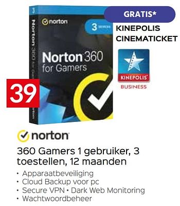 Promoties 360 gamers 1 gebruiker, 3 toestellen, 12 maanden - Norton - Geldig van 11/12/2023 tot 31/12/2023 bij Selexion