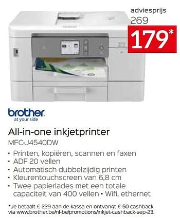 Promotions Brother all-in-one inkjetprinter mfc-j4540dw - Brother - Valide de 11/12/2023 à 31/12/2023 chez Selexion