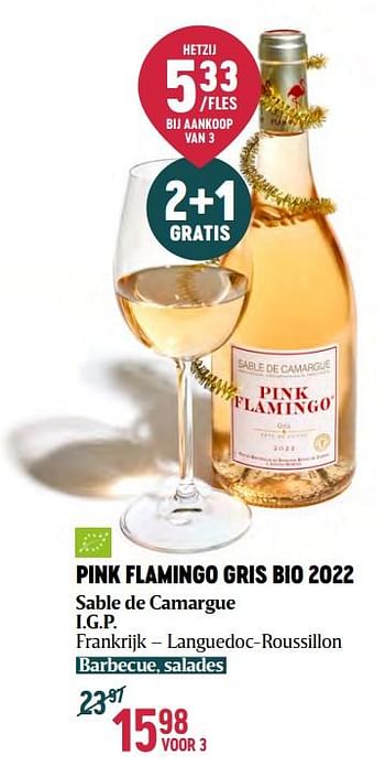 Promoties Pink flamingo gris bio 2022 sable de camargue i.g.p. - Rosé wijnen - Geldig van 16/11/2023 tot 03/01/2024 bij Delhaize