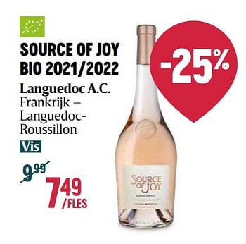 Promoties Source of joy bio 2021-2022 languedoc a.c. - Rosé wijnen - Geldig van 16/11/2023 tot 03/01/2024 bij Delhaize