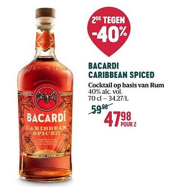 Promoties Bacardi caribbean spiced cocktail op basis van rum - Bacardi - Geldig van 16/11/2023 tot 03/01/2024 bij Delhaize