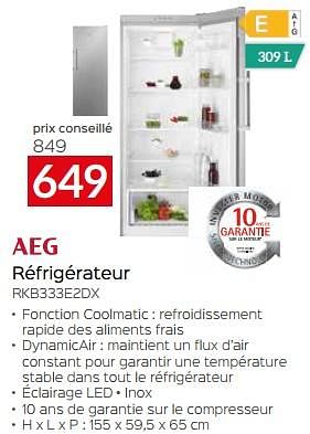 Promotions Aeg réfrigérateur rkb333e2dx - AEG - Valide de 11/12/2023 à 31/12/2023 chez Selexion