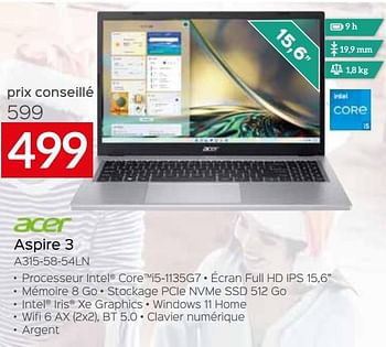 Promotions Acer aspire 3 a315-58-54ln - Acer - Valide de 11/12/2023 à 31/12/2023 chez Selexion