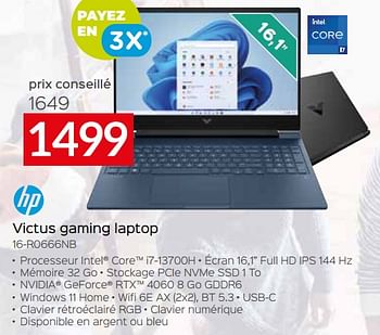 Promotions Hp victus gaming laptop 16-r0666nb - HP - Valide de 11/12/2023 à 31/12/2023 chez Selexion