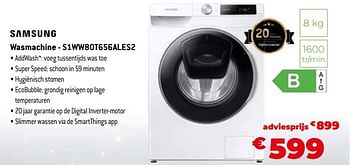 Promoties Samsung wasmachine - s1ww80t656ales2 - Samsung - Geldig van 11/12/2023 tot 31/12/2023 bij Exellent