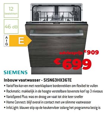 Promoties Siemens inbouw vaatwasser - sisn63hx36te - Siemens - Geldig van 11/12/2023 tot 31/12/2023 bij Exellent
