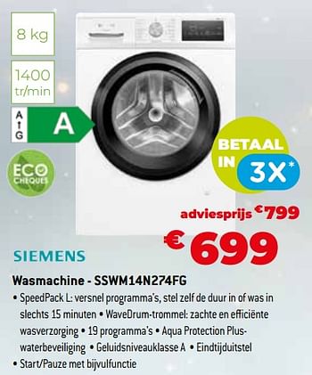 Promoties Siemens wasmachine - sswm14n274fg - Siemens - Geldig van 11/12/2023 tot 31/12/2023 bij Exellent