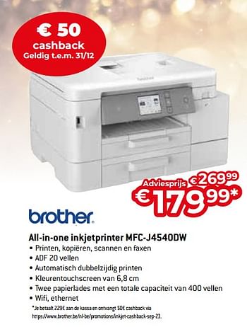 Promoties Brother all-in-one inkjetprinter mfc-j4540dw - Brother - Geldig van 11/12/2023 tot 31/12/2023 bij Exellent