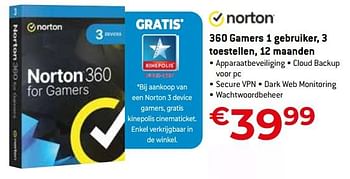 Promoties Norton 360 gamers 1 gebruiker, 3 toestellen, 12 maanden - Norton - Geldig van 11/12/2023 tot 31/12/2023 bij Exellent