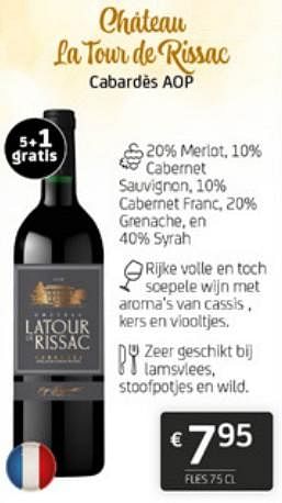 Promoties Chateau la tour rissac cabardès aop - Rode wijnen - Geldig van 15/12/2023 tot 31/12/2023 bij BelBev