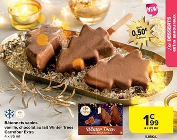 Promotions Bâtonnets sapins vanille, chocolat au lait winter trees carrefour extra - Produit maison - Carrefour  - Valide de 29/11/2023 à 01/01/2024 chez Carrefour