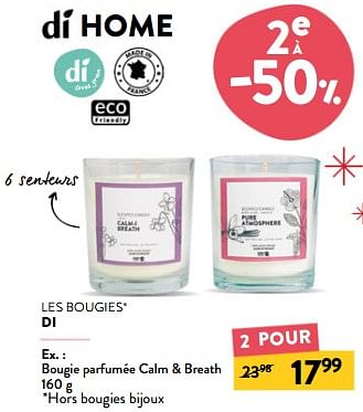 Promotions Bougie parfumée calm + breath - Produit maison - DI - Valide de 20/12/2023 à 02/01/2024 chez DI