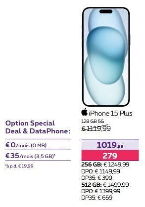 Promotions Apple iphone 15 plus 128 gb 5g - Apple - Valide de 15/12/2023 à 31/01/2024 chez Proximus