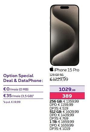 Promotions Apple iphone 15 pro 128 gb 5g - Apple - Valide de 15/12/2023 à 31/01/2024 chez Proximus