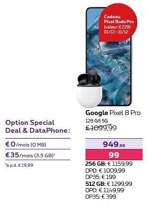 Promotions Google pixel 8 pro 128 gb 5g - Google - Valide de 15/12/2023 à 31/01/2024 chez Proximus