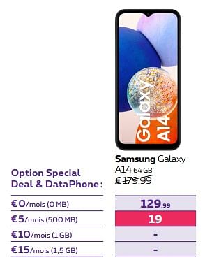Promotions Samsung galaxy a14 64 gb - Samsung - Valide de 15/12/2023 à 31/01/2024 chez Proximus