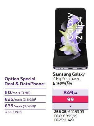 Promotions Samsung galaxy z flip4 128 gb 5g - Samsung - Valide de 15/12/2023 à 31/01/2024 chez Proximus