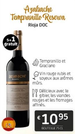 Promotions Azabache tempranillo reserva rioja doc - Vins rouges - Valide de 15/12/2023 à 31/12/2023 chez BelBev