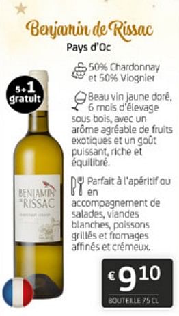 Promotions Benjamin de rissac pays d`oc - Vins blancs - Valide de 15/12/2023 à 31/12/2023 chez BelBev