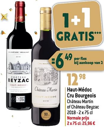Promoties Haut-médoc cru bourgeois château martin of château beyzac 2018 - Rode wijnen - Geldig van 27/12/2023 tot 02/07/2024 bij Smatch