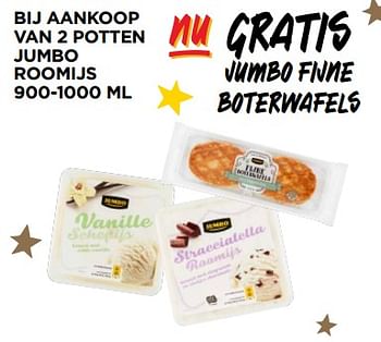 Promoties Bij aankoop van 2 potten jumbo roomijs gratis jumbo fijne boterwafels - Huismerk - Jumbo - Geldig van 27/12/2023 tot 02/01/2024 bij Jumbo
