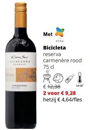 Promoties Bicicleta reserva carmenère rood - Rode wijnen - Geldig van 07/12/2023 tot 03/01/2024 bij Spar (Colruytgroup)