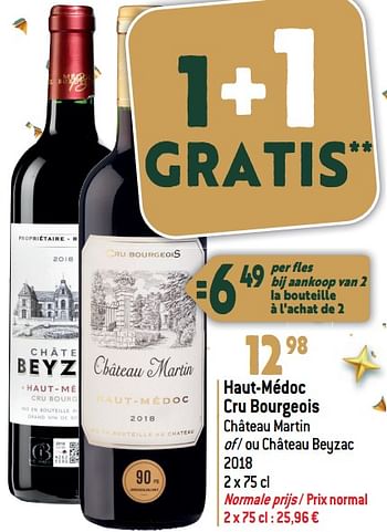 Promoties Haut-médoc cru bourgeois château martin of - ou château beyzac 2018 - Rode wijnen - Geldig van 27/12/2023 tot 02/07/2024 bij Match