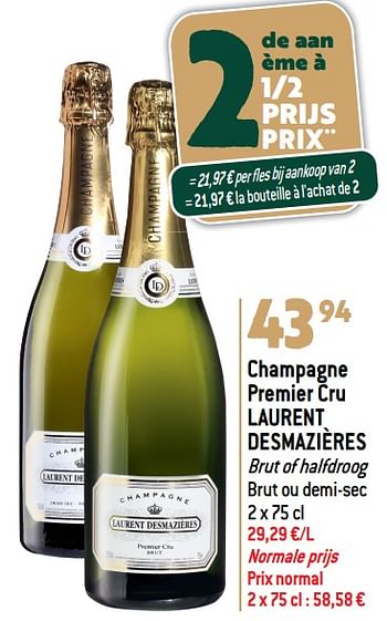 Promoties Champagne premier cru laurent desmazières brut of halfdroog - Champagne - Geldig van 20/12/2023 tot 02/01/2024 bij Match