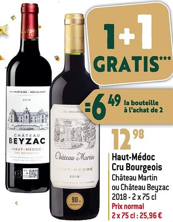 Promoties Haut-médoc cru bourgeois château martin ou château beyzac 2018 - Rode wijnen - Geldig van 27/12/2023 tot 02/07/2024 bij Smatch