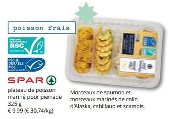 Promotions Plateau de poisson mariné pour pierrade - Spar - Valide de 07/12/2023 à 03/01/2024 chez Spar (Colruytgroup)
