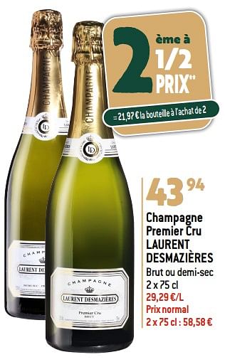 Promotions Champagne premier cru laurent desmazières brut ou demi-sec - Champagne - Valide de 20/12/2023 à 02/01/2024 chez Match