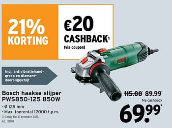 Promoties Bosch haakse slijper pws850-125 - Bosch - Geldig van 20/12/2023 tot 02/01/2024 bij Gamma