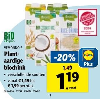 Promoties Plantaardige biodrink - Vemondo - Geldig van 03/01/2024 tot 09/01/2024 bij Lidl