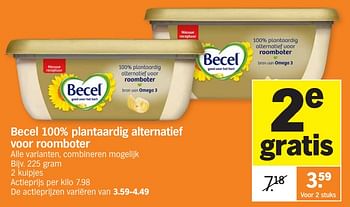 Promotions Becel 100% plantaardig alternatief voor roomboter - Becel - Valide de 02/01/2024 à 07/01/2024 chez Albert Heijn